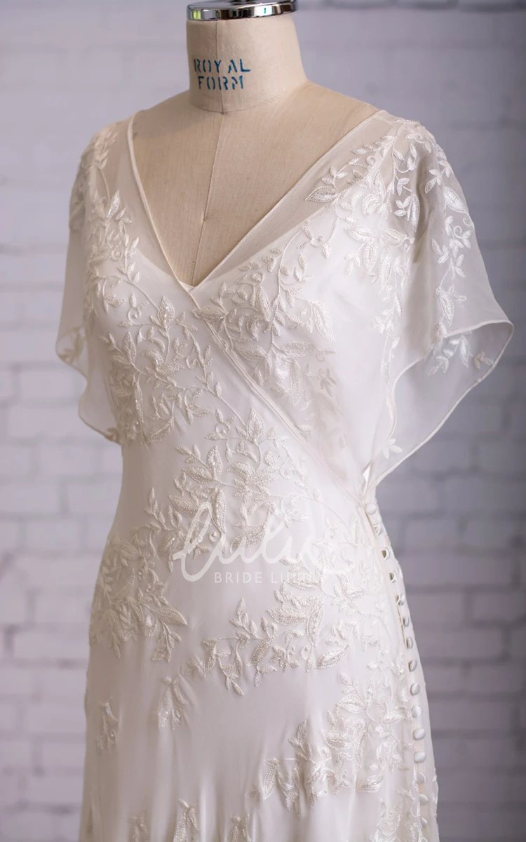 Butterfly Sleeve V-neck V-back Dress with Side Buttons Elegant Prom Dress