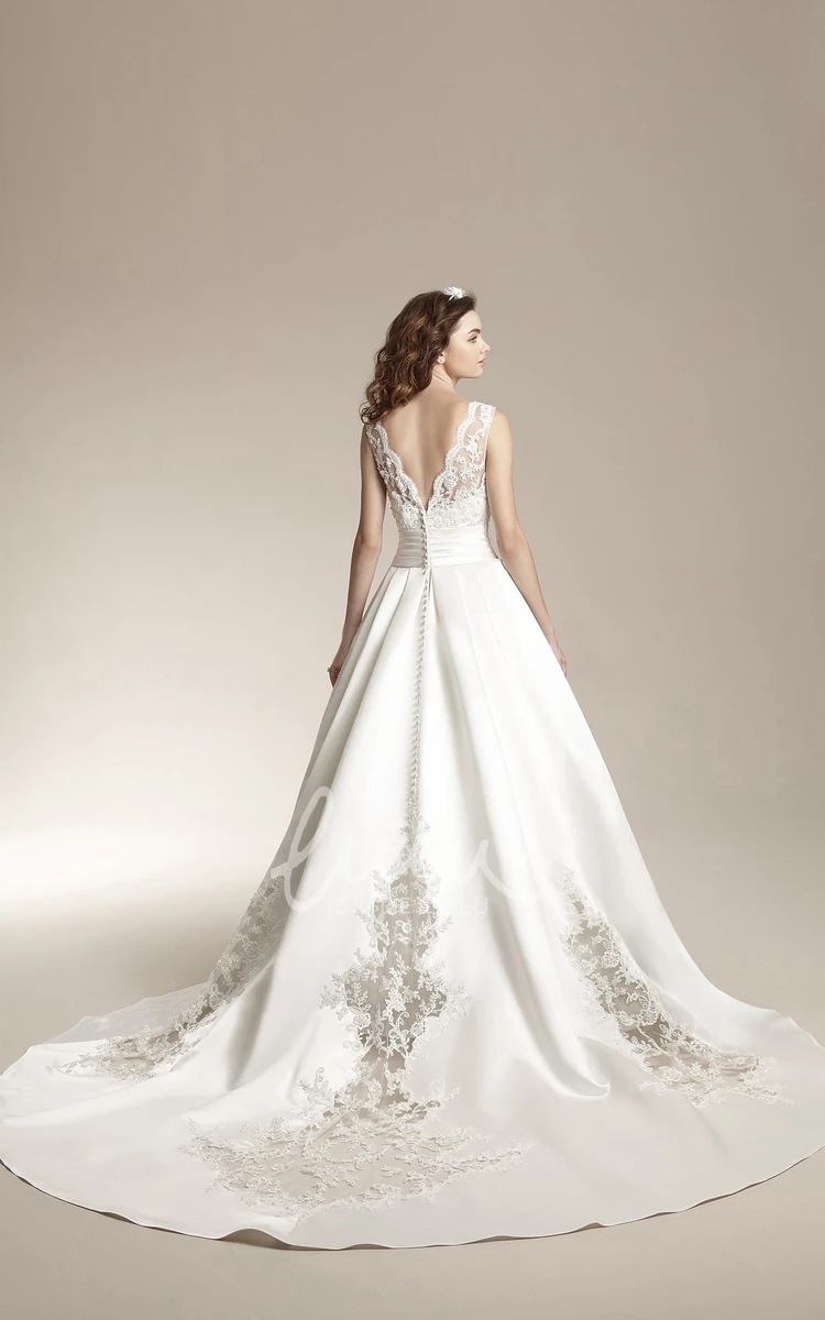 Ballgown Sleeveless V-Neck Wedding Dress with Lace Detail and Appliques