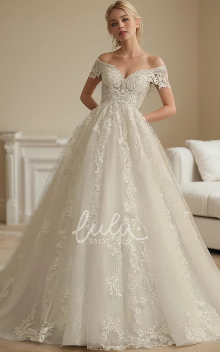 Western Floral Beach Lace A-Line Off-the-Shoulder Ball Gown Wedding Dress with Tied Back and Court Train