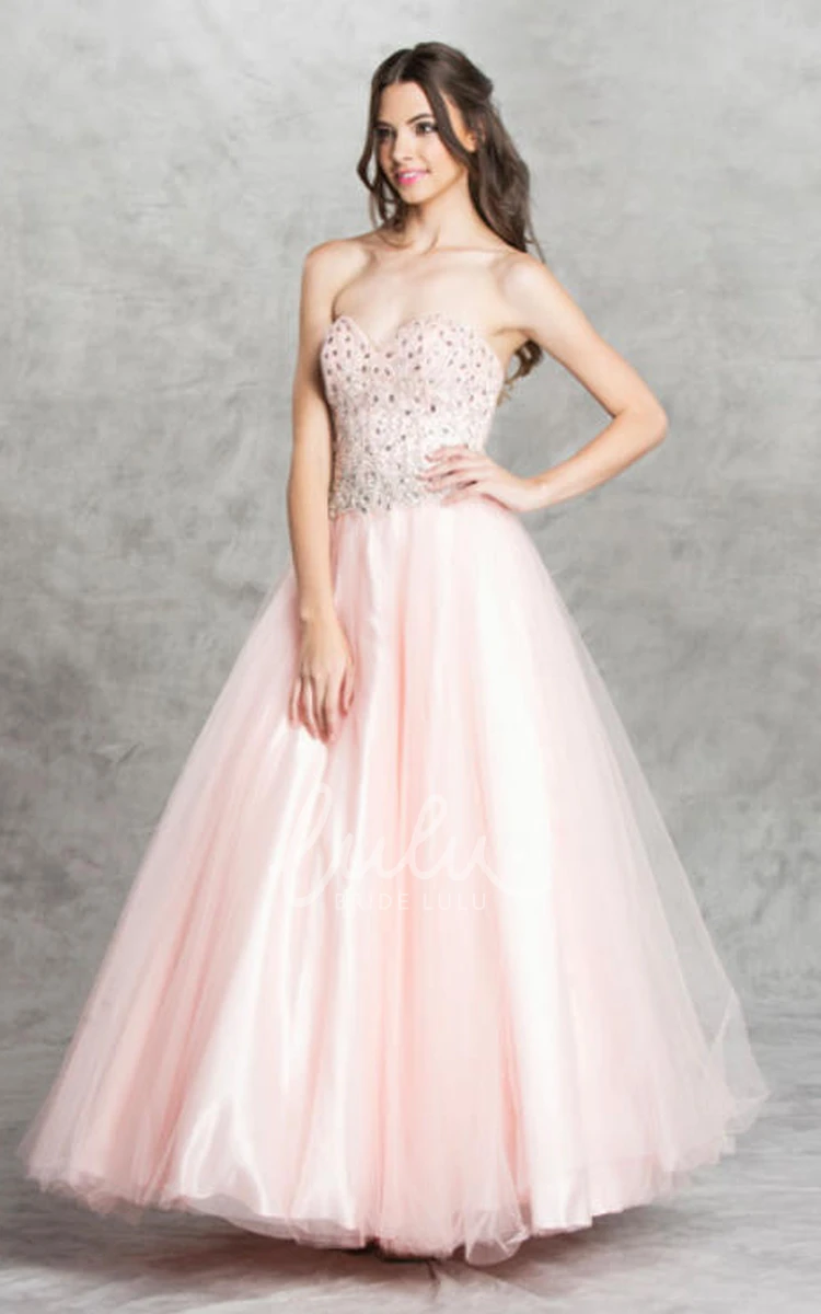 Long Sleeveless Tulle Satin A-Line Formal Dress with Sweetheart Neckline and Beading