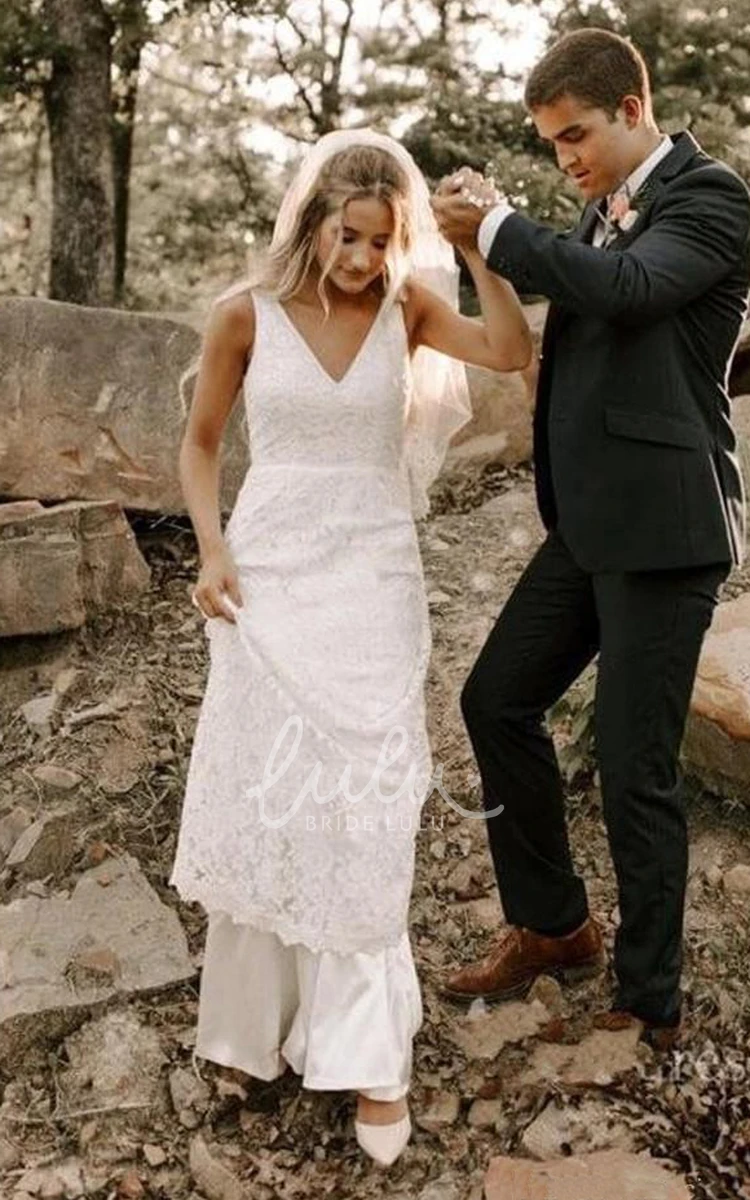 Ethereal Court Train V-Neck Lace Wedding Dress with Deep-V Back