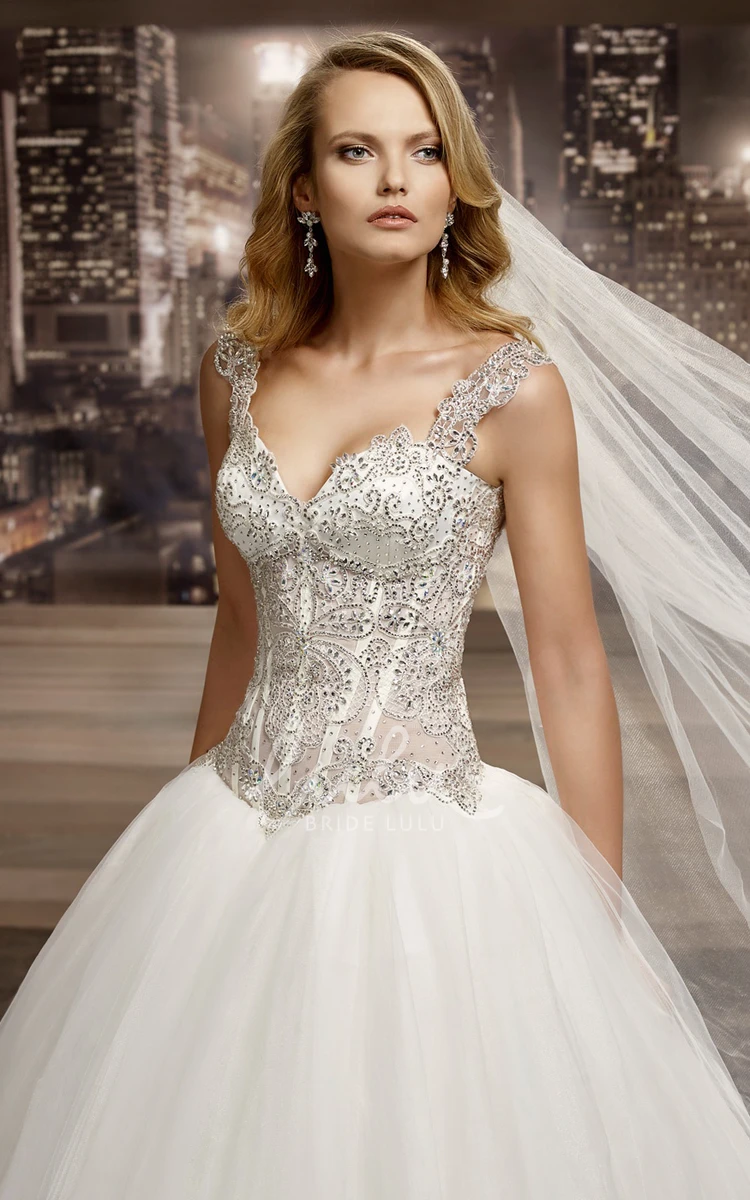 V-Neck A-Line Bridal Gown with Beaded Corset and Half Open Back