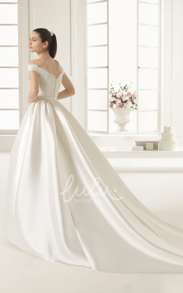 Off-shoulder Satin Gown with Lacy Bodice Bow and Pockets in Princess Style