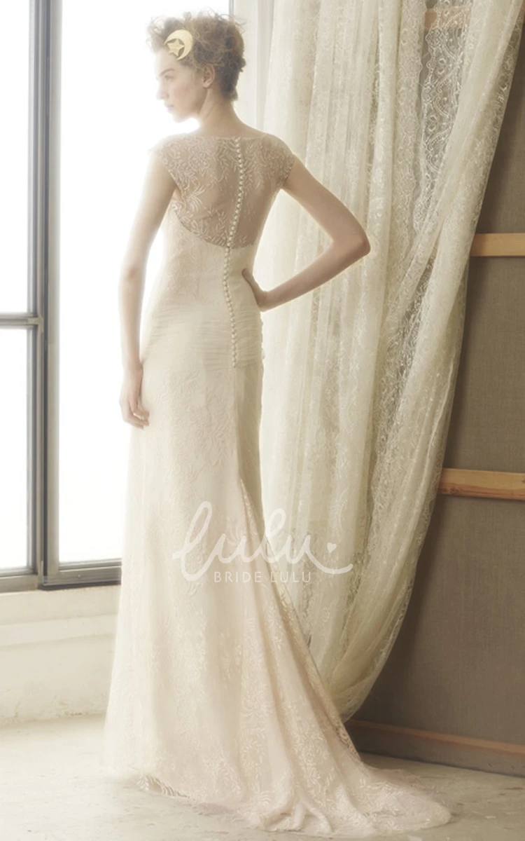 Cap-Sleeve Scoop Neck Floral Lace Sheath Wedding Dress with Illusion Back and Sweep Train