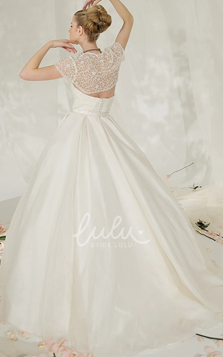 Cap-Sleeve Satin A-Line Wedding Dress with Beaded Sweetheart Neckline