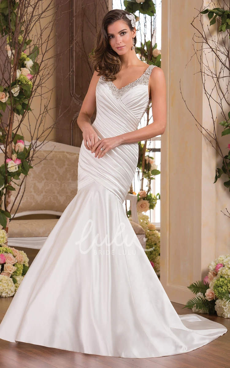 Jeweled Sleeveless Mermaid Wedding Dress with V-Neck and Ruching