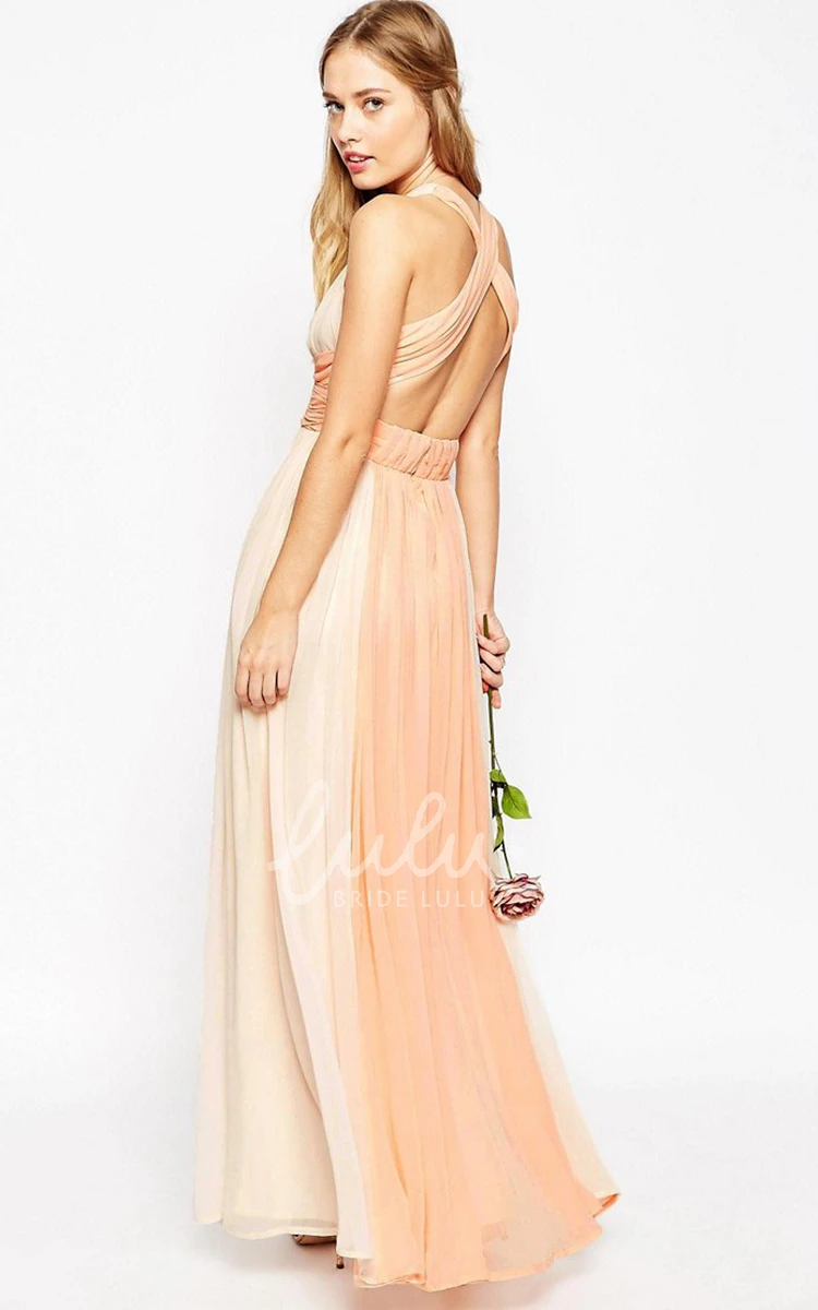 Sleeveless Chiffon Bridesmaid Dress with Pleats and Straps V-Neck