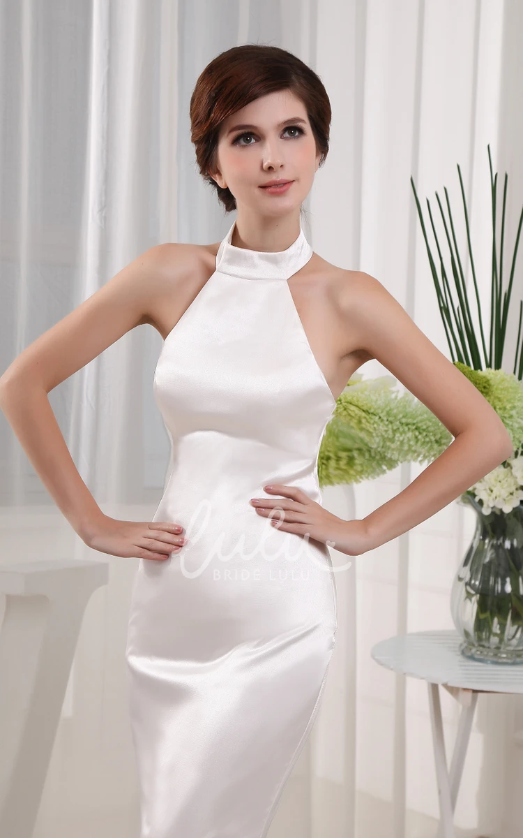 Satin Halter Sheath Wedding Dress with Brush Train Sleeveless Elegant Bridal Gown