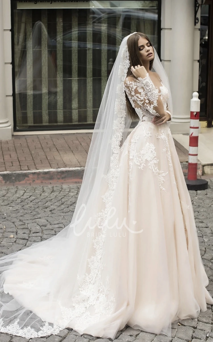 Lace V-neck A-Line Wedding Dress with Illusion Sleeves Elegant Wedding Dress for Beach and Garden Weddings