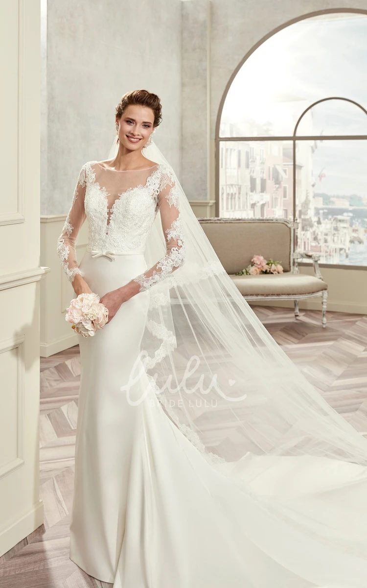 Sheath Wedding Dress with Lace Bodice Satin Skirt and Long Sleeves
