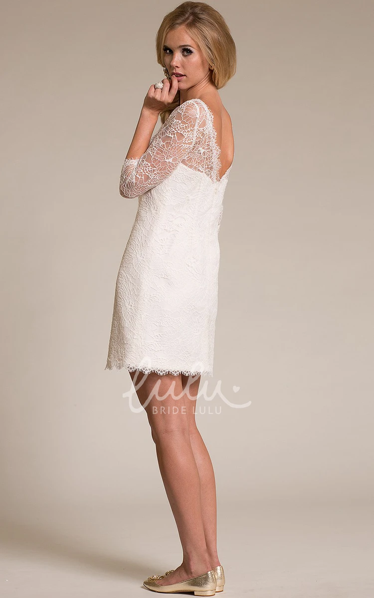 Short Lace Half-Sleeve Bateau-Neck Wedding Dress with V Back Classy Bridal Gown