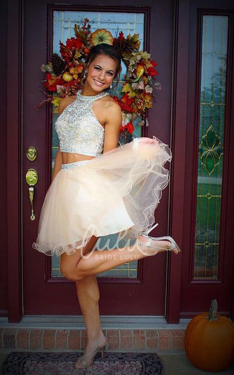Organza Sequins A-line Mini Homecoming Dress with Two Piece Halter and Beading