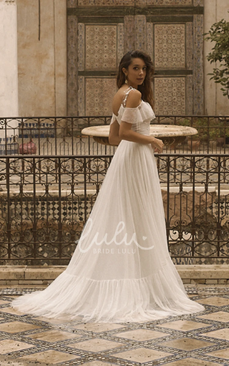 Adorable Tulle Off-shoulder Spaghetti Strap Wedding Dress with Lace Details