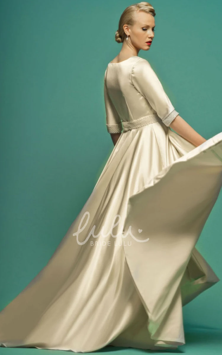 Jeweled V-Neck Half-Sleeve Satin Cape Wedding Dress