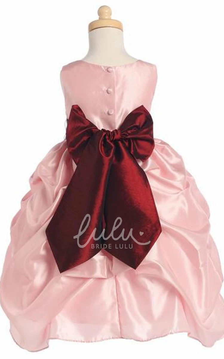 Ruched Taffeta Floral Tea-Length Flower Girl Dress with Ribbon