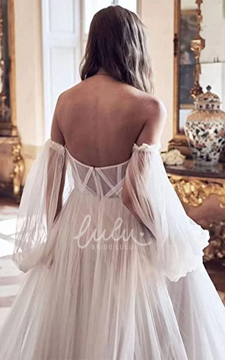 Adorable Tulle Beach Wedding Dress with Illusion Sleeves A-Line Off-the-Shoulder