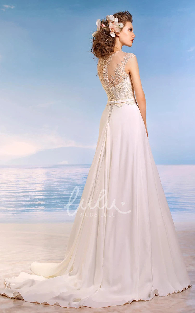 Empire Scoop Cap-Sleeve Lace Wedding Dress with Beading and Appliques