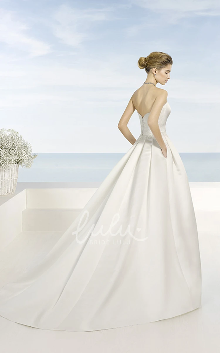 Strapless Satin Wedding Dress with Brush Train and V Back in Floor-Length