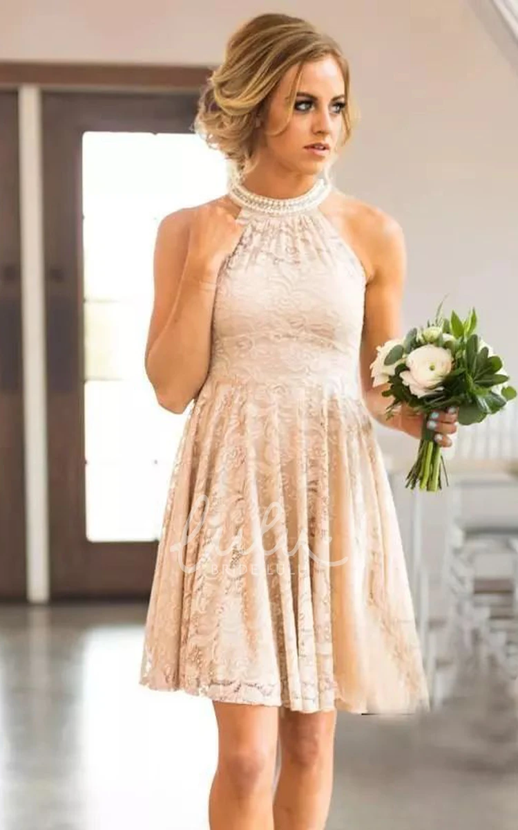 Lace A-Line Dress with High Neckline and Sleeveless Design