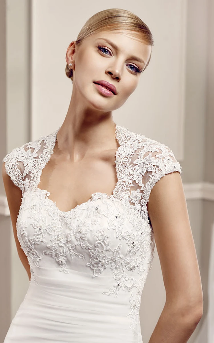 Cap-Sleeve Lace Wedding Dress with Keyhole Back A-Line Side-Draped