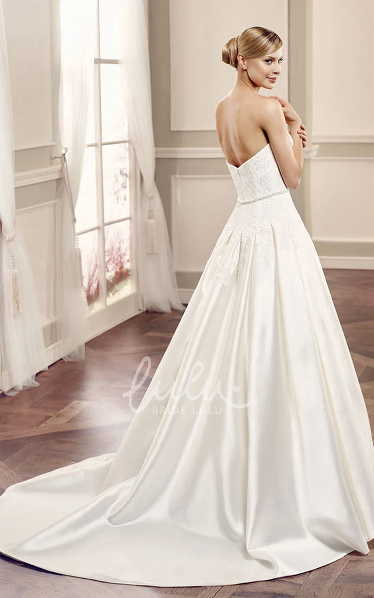 Lace Satin Wedding Dress with V-Back and Court Train Sweetheart Style