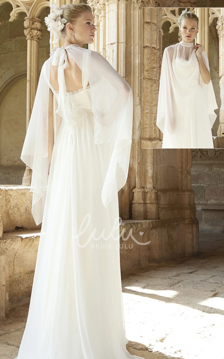 Sheath Chiffon Wedding Dress with Appliques Floor-Length Spaghetti Caped Empire Sleeveless