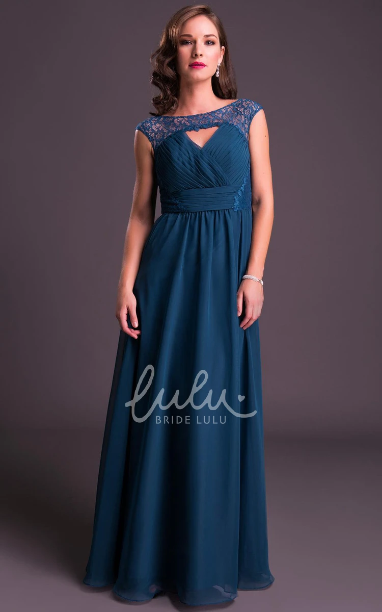 Lace Chiffon Cap-Sleeve Prom Dress Sheath Long With Ruching