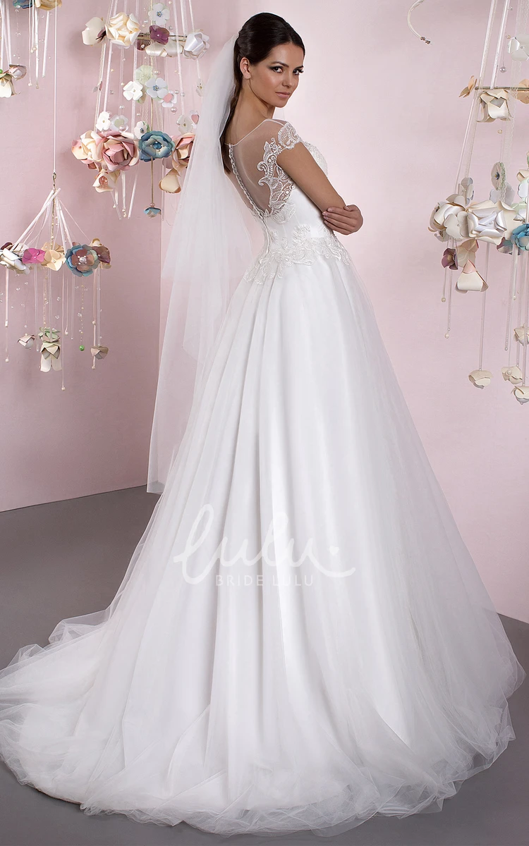 Tulle Cap Sleeve A-Line Wedding Dress with Applique Classic Bridal Gown