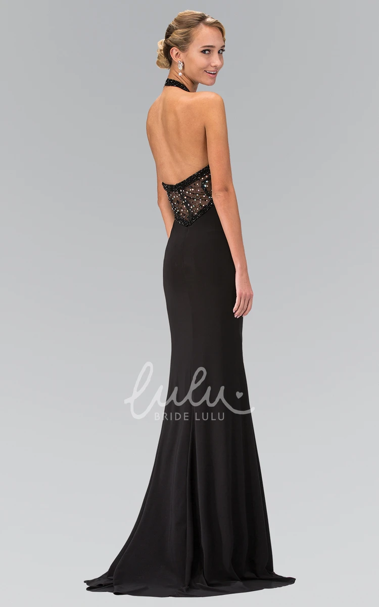 Halter Backless Jersey Sheath Prom Dress with Beading