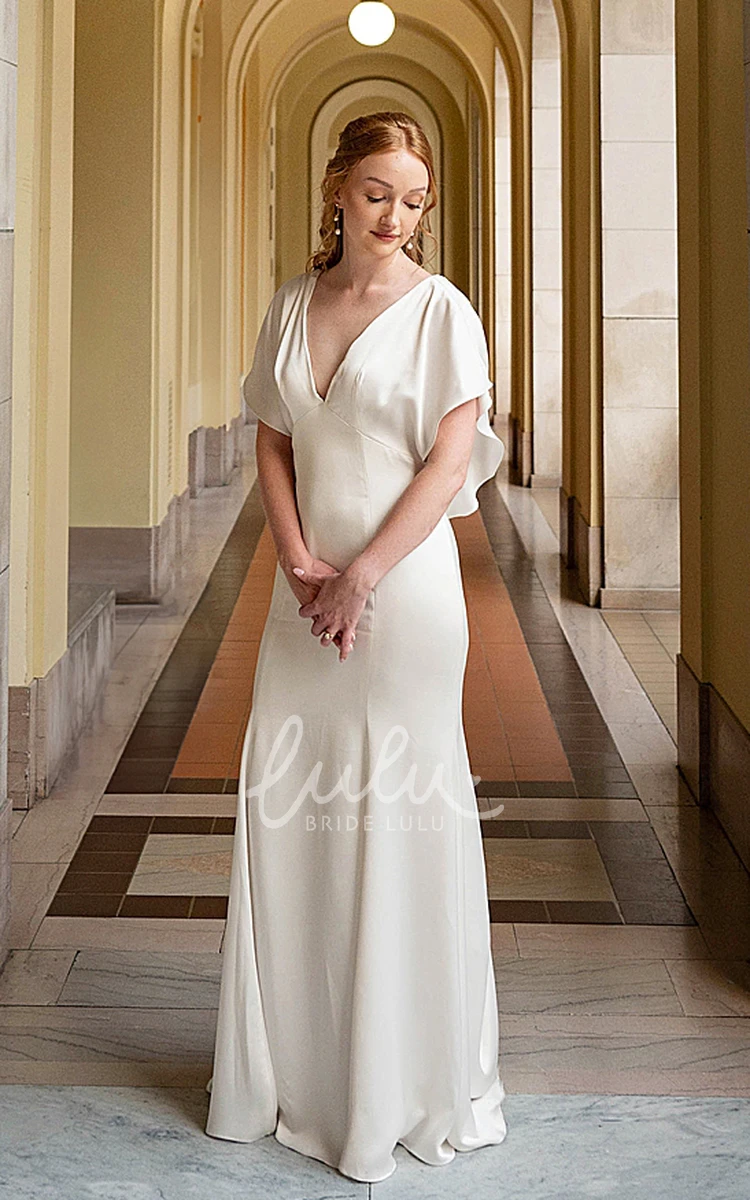 Simple White Bat Sleeve Casual Plunging Neckline Sheath Wedding Dress with Long Train