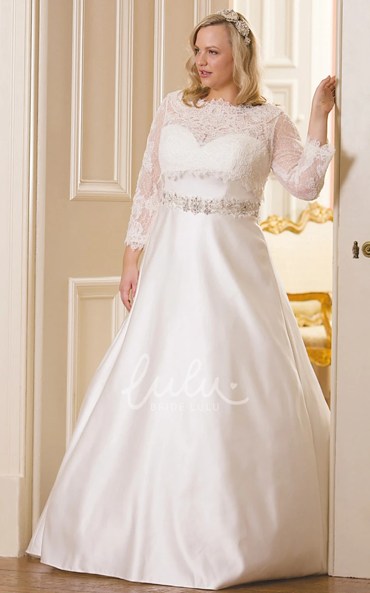 Plus Size Ball Gown Satin Wedding Dress with Jeweled Bateau-Neck and Appliques