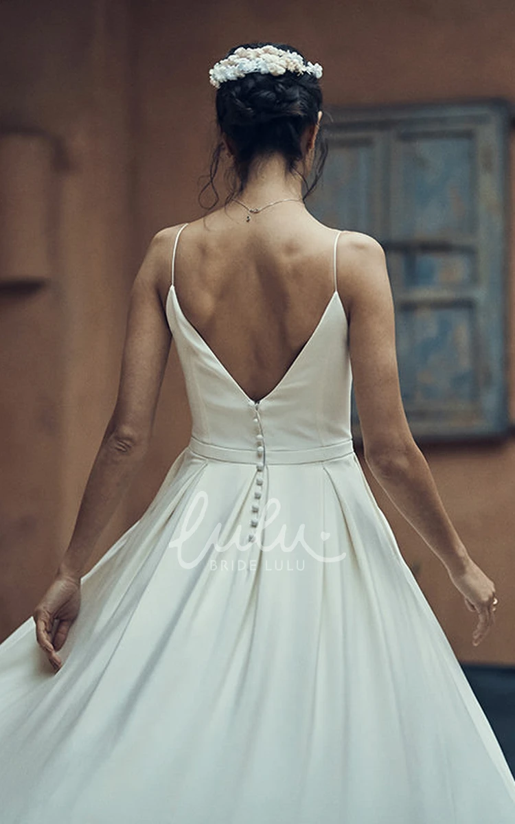 Ankle-Length Chiffon Bridal Gown with Pockets and Deep-V Back
