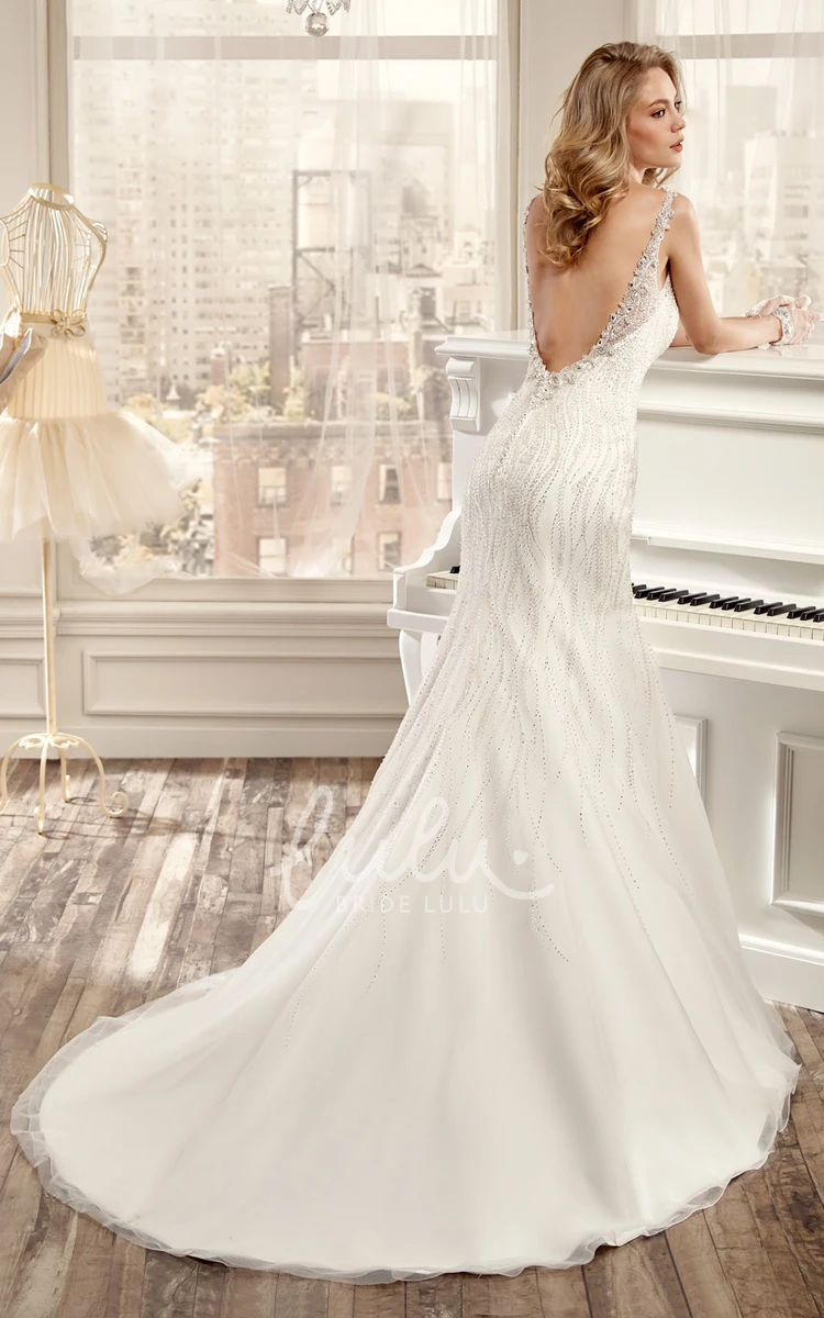 Beaded Mermaid Illusive Neckline Wedding Dress with Open Back