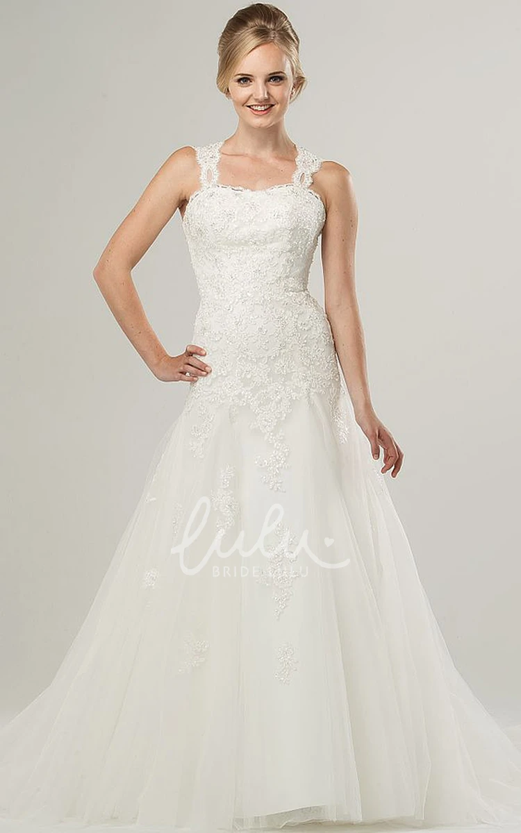 Strapped Lace&Tulle A-Line Wedding Dress with Beaded Appliques