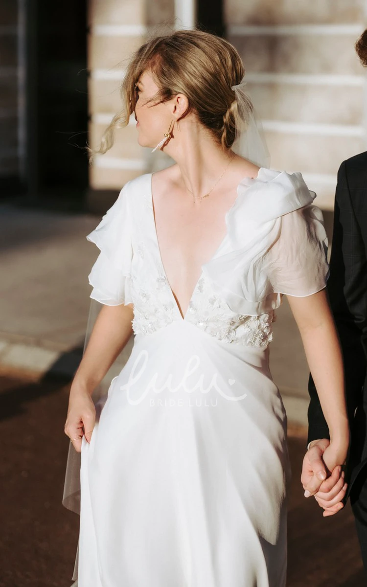 Sheath V-neck Elegant Bridal Dress Short Sleeve White Chiffon Sweep Train