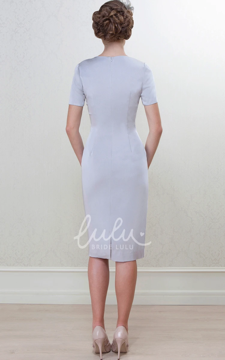 Caped 3-4 Sleeve High Neck Knee-Length Satin Mother Of The Bride Pencil Dress