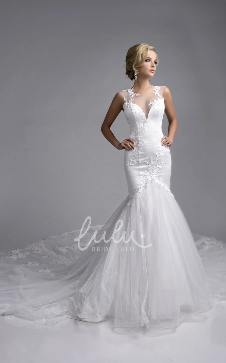 Lace-Appliqued Mermaid Wedding Dress with Illusion Top Sleeveless Tulle Elegant