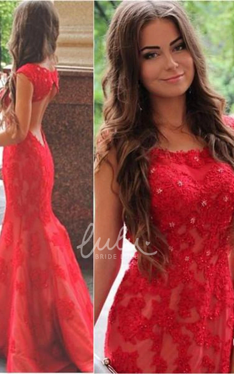 Red Mermaid Prom Dress with Lace Appliques Sexy Jewel Sweep Train