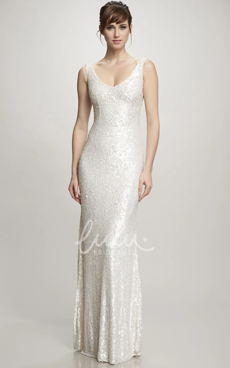 Sequin V-Neck Wedding Dress with Brush Train and V-Back Floor-Length