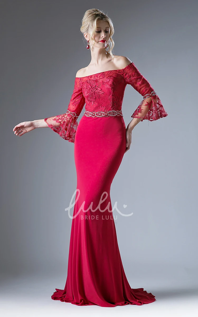 Off-The-Shoulder Puff-Sleeve Jersey Formal Dress with Beading and Appliques