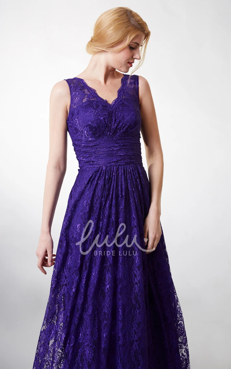 Long Lace Bridesmaid Dress with Country Style V-neck