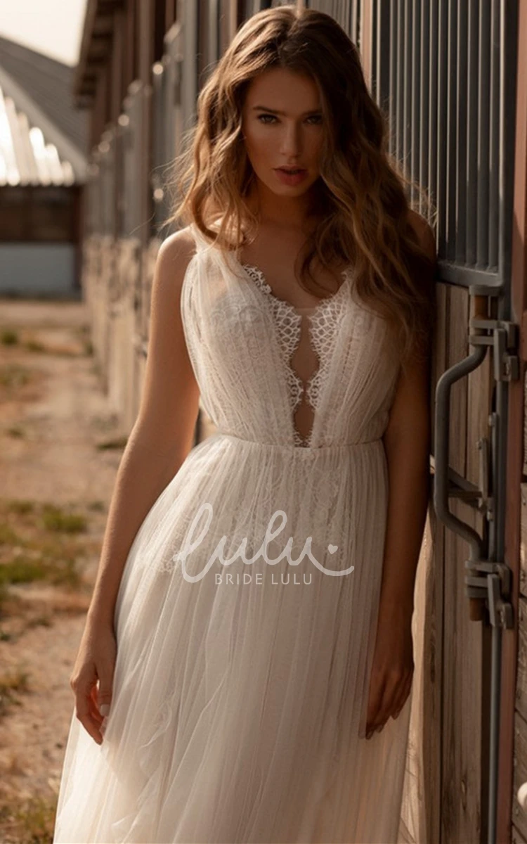 Elegant Plunging Neck Tulle Wedding Dress with Ruching A-Line Wedding Dress