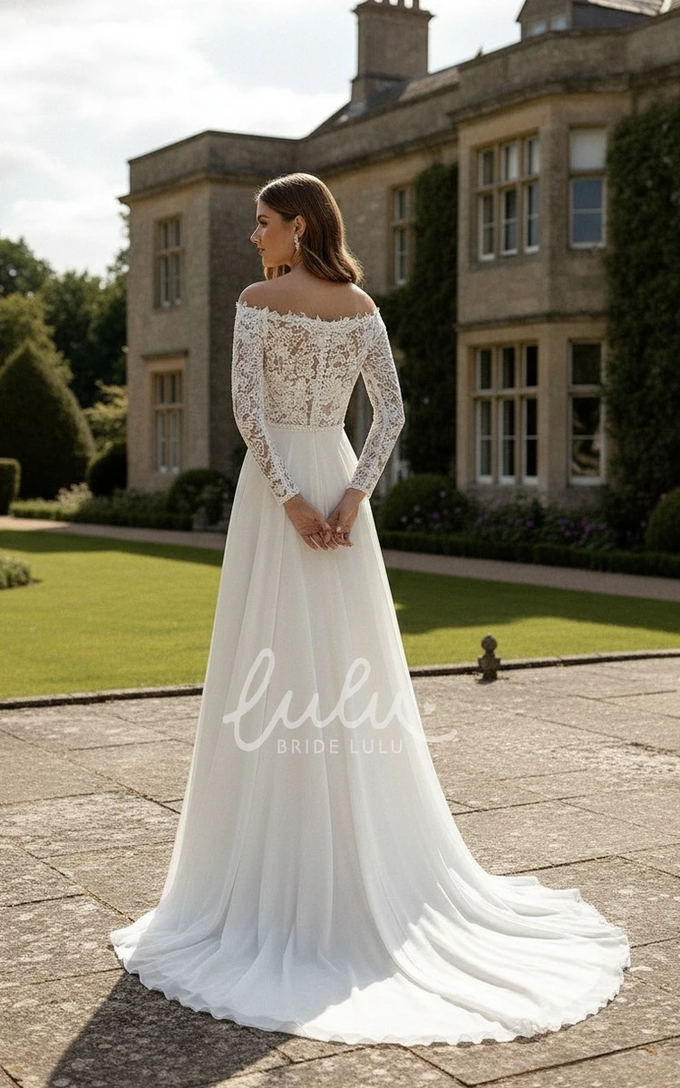 Boho A-Line Lace Off-the-shoulder Winter Wedding Dress Vintage Elegant Long Sleeve Bridal Gown with train