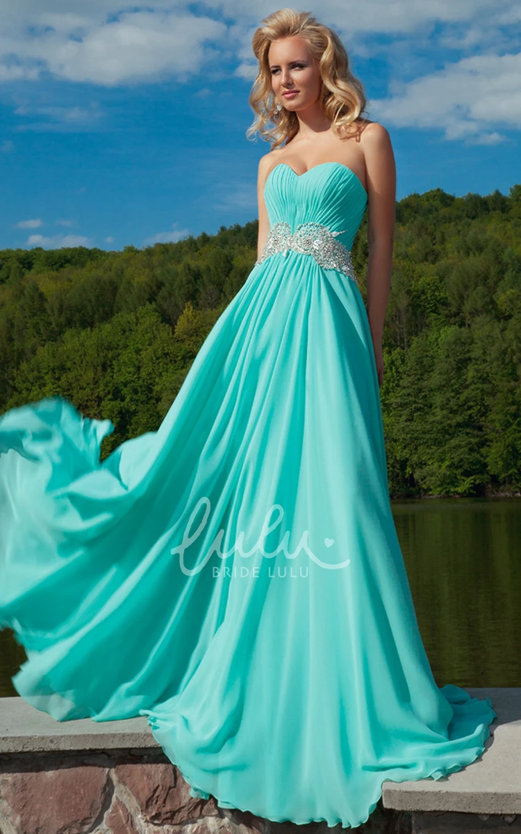 Ruched Sweetheart Chiffon Prom Dress with Waist Jewelry Floor-Length