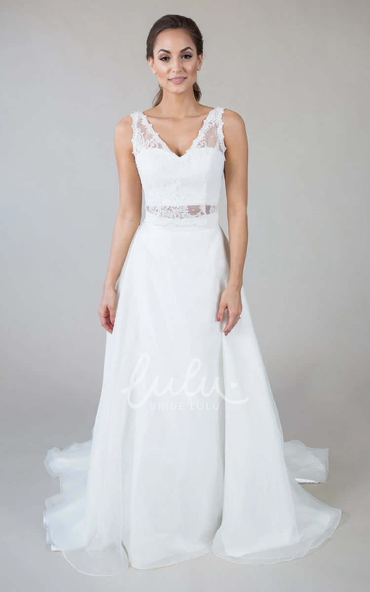 V-Neck Lace&Satin A-Line Sleeveless Wedding Dress