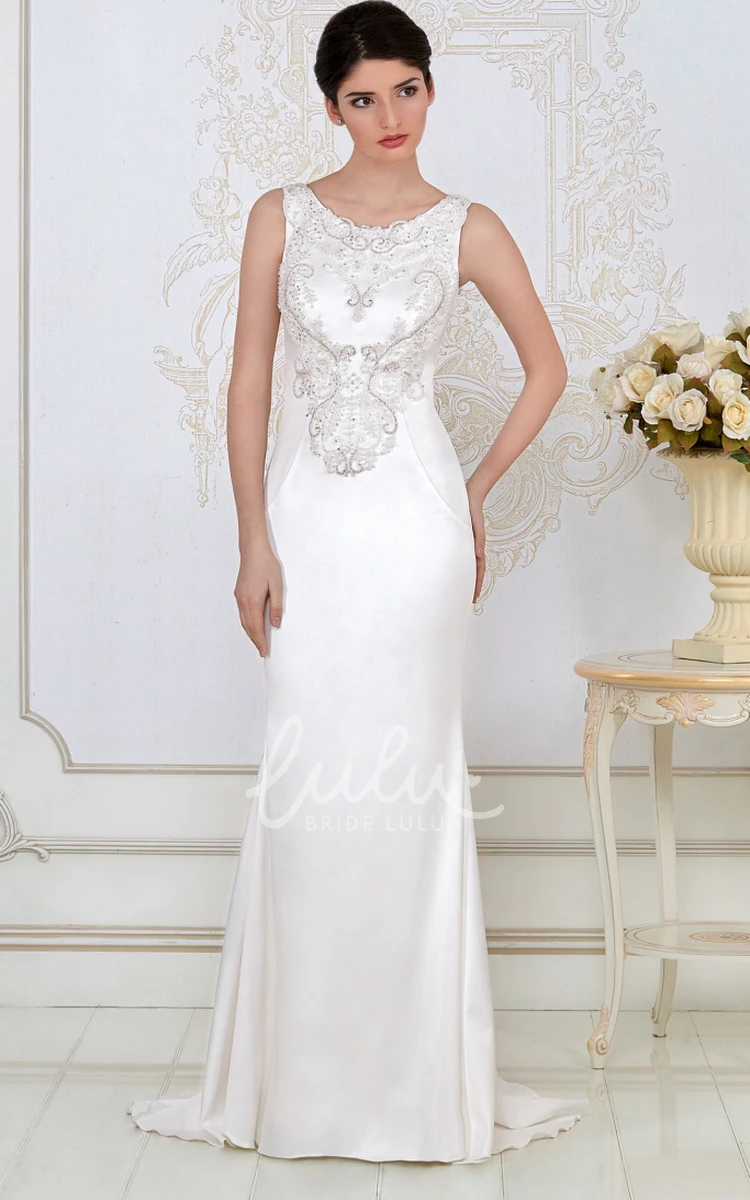 Beaded Satin Sheath Wedding Dress Sleeveless Scoop-Neck Maxi