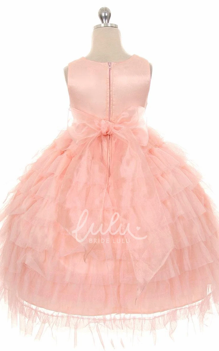 Tulle and Organza Tea-Length Flower Girl Dress with Beaded Detail and Ruffles
