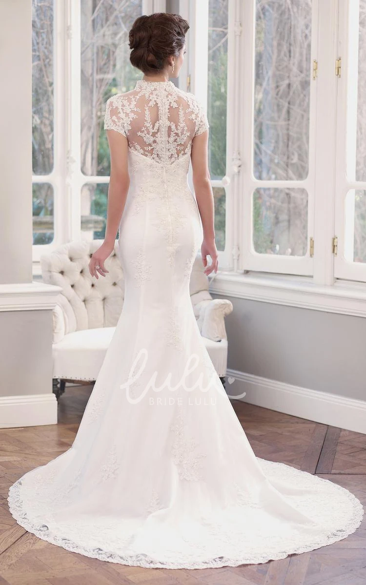 V-Neck Lace Mermaid Wedding Dress with Illusion Sleeves Unique Bridal Gown