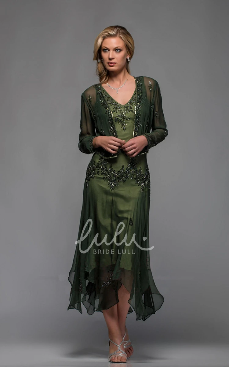 Chiffon V-neck Tea-length Mother of The Bride Dress Casual Sheath