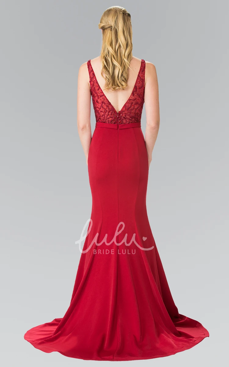 Embroidered Mermaid V-Neck Sleeveless Formal Dress with Sequins